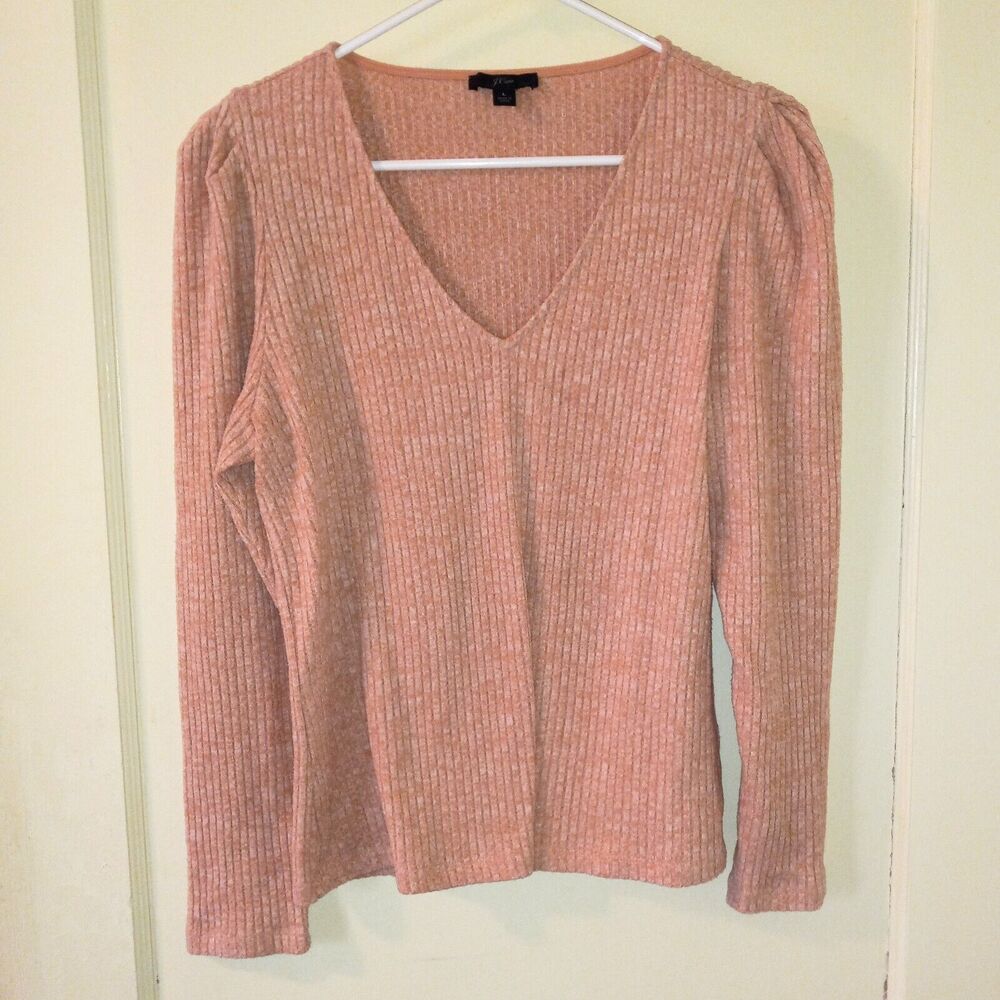 J.Crew Puff Sleeve V-neck Top-Size XS-Pink Heather-Ribbed-Long Sleeve-Soft
